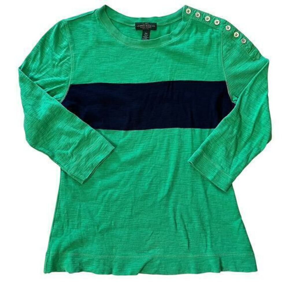Lauren Ralph Lauren Jeans Co. Petite Green Navy Blue Stripe 3/4-Sleeve Top Sz PM